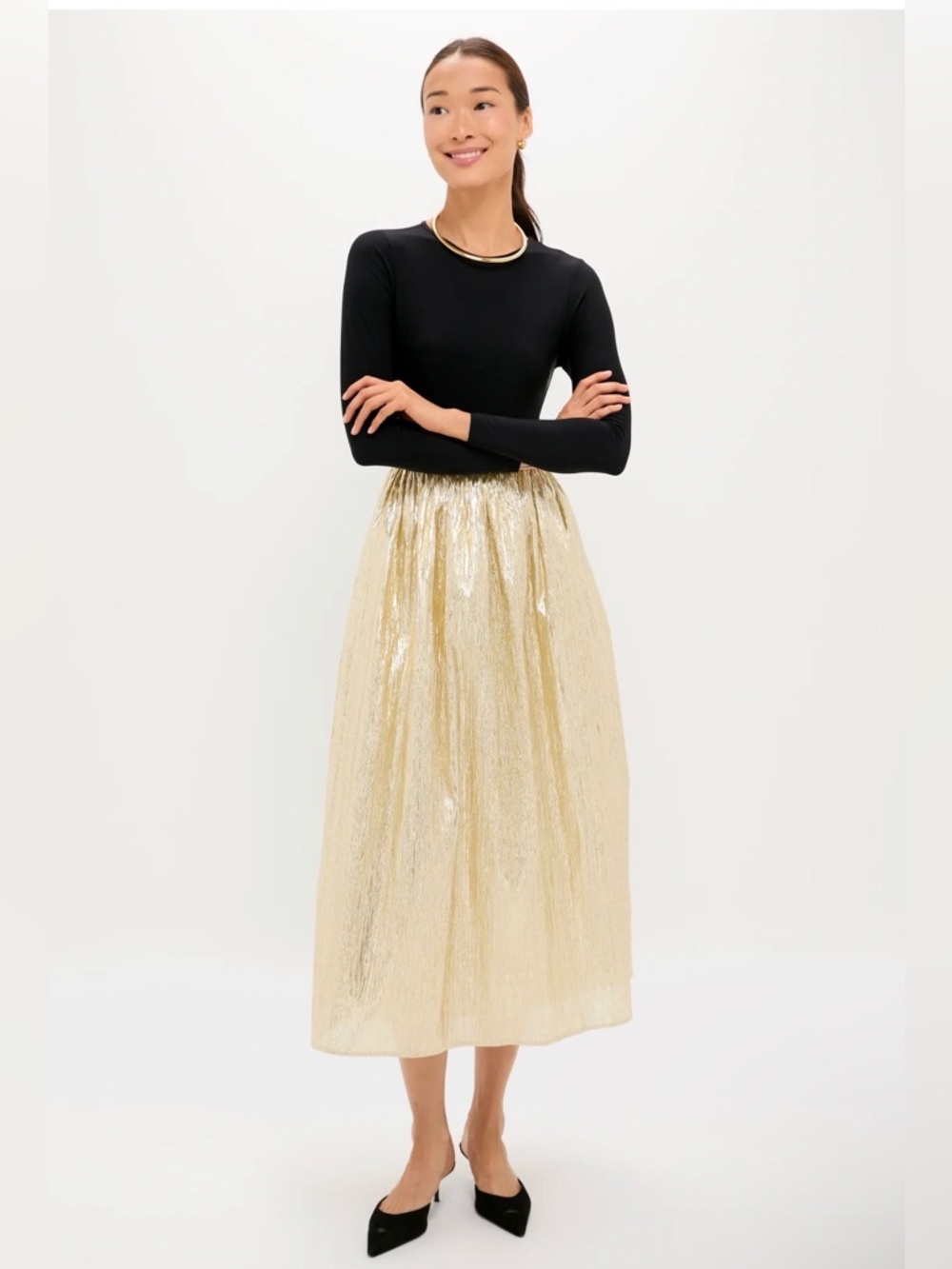 HYACINTH HOUSE
Gold Plisse & Black Mixed Media Schuyler Maxi Dress